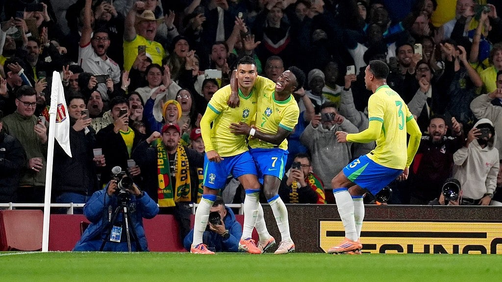 Brazil Vs Senegal Highlights, International Friendly: Casemiro, left, celebrates scoring his side's second goal. - Photo: John Walton/PA via AP