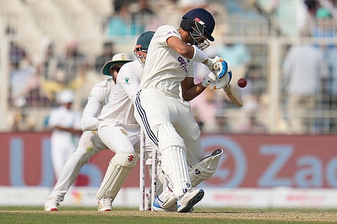 India's Axar Patel plays a shot on the second day of the first cricket test match between India and South Africa in Kolkata.