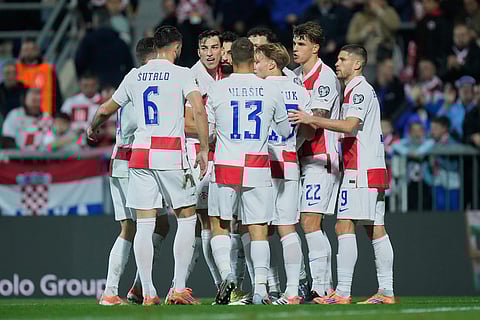 Croat players celebrate after a goal during a World Cup 2026 group L qualifying soccer match between Croatia and Faroe Islands in Rijeka, Croatia.