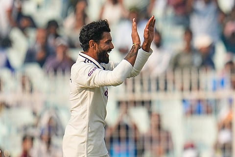 India's Ravindra Jadeja, celebrates the dismissal of South Africa's Aiden Markram on the second day of the first cricket test match between India and South Africa in Kolkata.