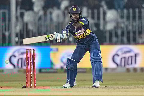 Sri Lanka's Janith Liyanage plays a shot during the second one day international cricket match between Pakistan and Sri Lanka, in Rawalpindi, Pakistan.