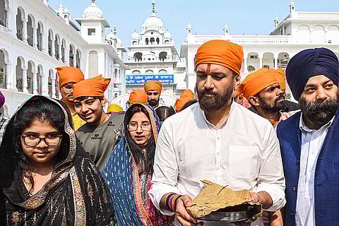 Union Minister Chirag Paswan with his family during a visit to the Takhat Sri Harimandir Ji Patna Sahib, in Patna.