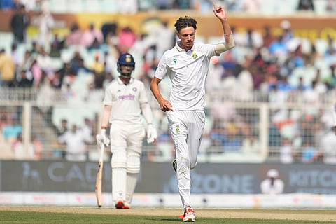 South Africa's Marco Jansen celebrates the dismissal of India's Yashasvi Jaiswal on the third day of the first cricket test match between India and South Africa in Kolkata, India.
