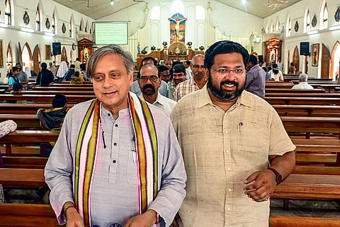 Congress leader Shashi Tharoor and UDF candidate for the upcoming Kerala local body elections K.S. Sabarinadhan during a visit to the St. Theresa of Lisieux Catholic Church, in Thiruvananthapuram.