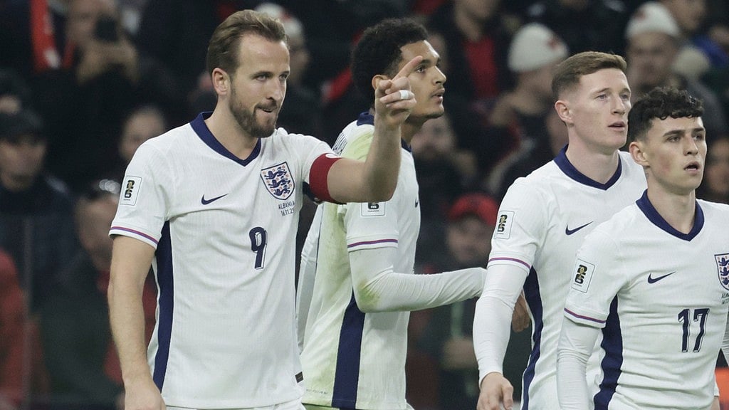 Albania Vs England Highlights, FIFA World Cup 2026 European Qualifiers: Harry Kane, left, celebrates with teammates after scoring his side's second goal. - Photo: AP