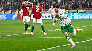 Photo: AP : Hungary Vs Republic Of Ireland Highlights, FIFA World Cup 2026 European Qualifiers: Troy Parrott, right, celebrates after scoring his side's third goal.