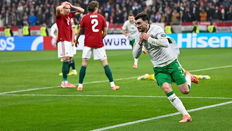 Hungary Vs Republic Of Ireland Live Score, FIFA World Cup 2026 European Qualifiers: Troy Parrott, right, celebrates after scoring his side's third goal. - Photo: AP