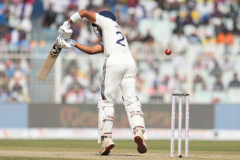India's Dhruv Jurel hits a boundary on the third day of the first cricket test match between India and South Africa in Kolkata, India.