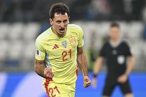 Spain's Mikel Oyarzabal celebrates after scoring his side's first goal during a World Cup 2026 group E qualifying soccer match between Georgia and Spain in Tbilisi, Georgia.