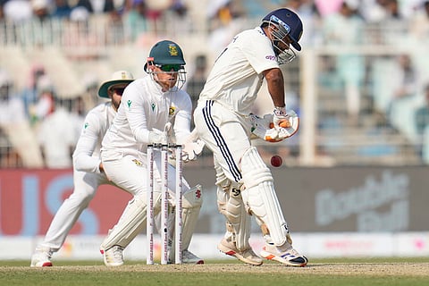 India's Rishabh Pant bats on the third day of the first cricket test match between India and South Africa in Kolkata, India.