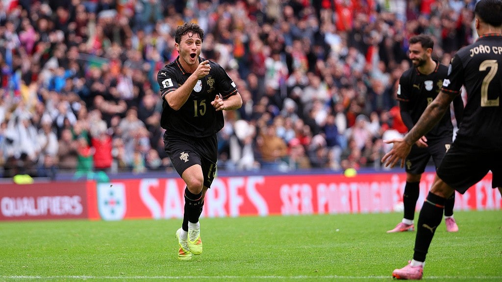 Portugal Vs Armenia Highlights, FIFA World Cup 2026 European Qualifiers: Joao Neves celebrates after scoring his side's fourth goal. - Photo: AP