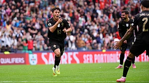 Photo: AP : Portugal Vs Armenia Highlights, FIFA World Cup 2026 European Qualifiers: Joao Neves celebrates after scoring his side's fourth goal.
