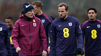 File Photo : Thomas Tuchel and Harry Kane pictured during an England training session