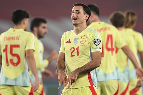 Spain's Mikel Oyarzabal celebrates after scoring his side's fourth goal during a World Cup 2026 group E qualifying soccer match between Georgia and Spain in Tbilisi, Georgia.