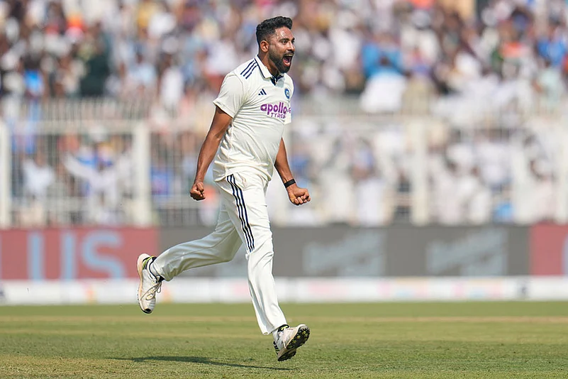 Indias Mohammed Siraj celebrates the dismissal of South Africas Keshav Maharaj