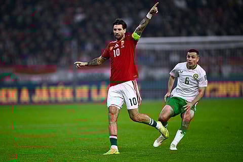 Hungary's Dominik Szoboszlai gestures during the World Cup 2026 group F qualifying soccer match between Hungary and Ireland in Budapest, Hungary.