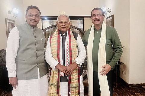 In this image, Union Minister and Bihar BJP in-charge Dharmendra Pradhan and BJP leader Vinod Tawde during a meeting with Union Minister and HAM(S) chief Jitan Ram Manjhi after the NDA’s victory in the recent Bihar Assembly elections, in New Delhi.