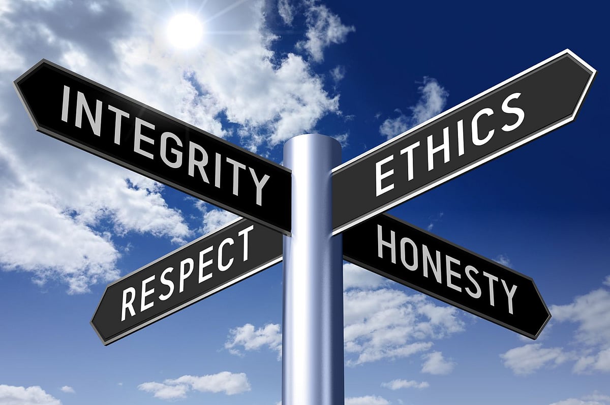 Street signpost pointing to four values: INTEGRITY, ETHICS, RESPECT, and HONESTY.