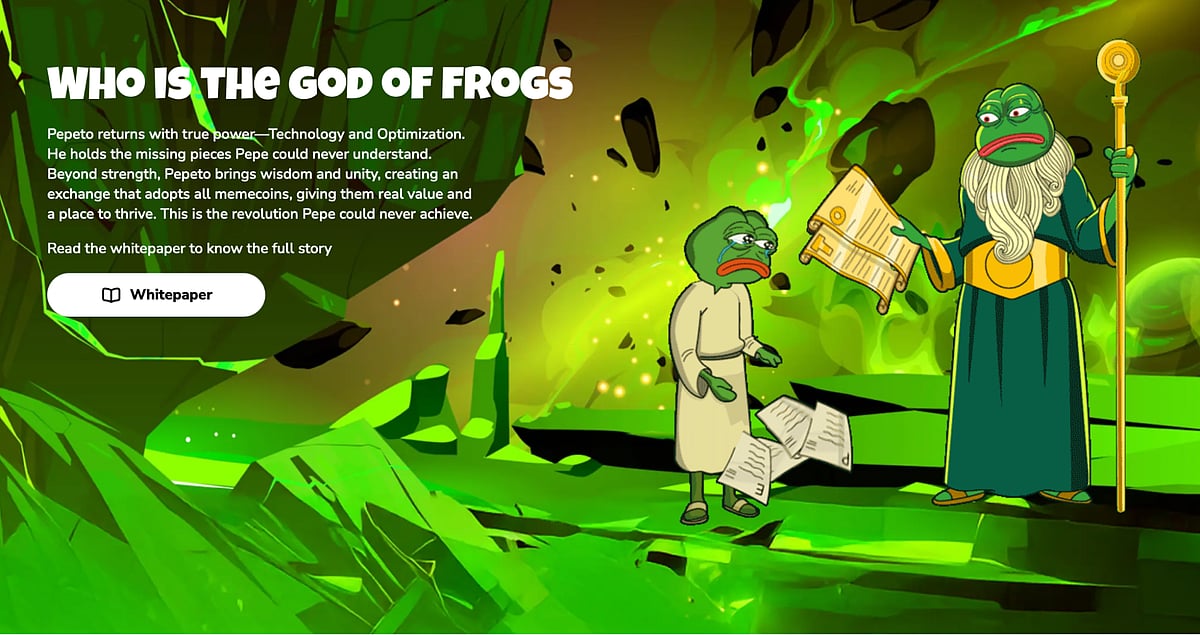 Green and yellow graphic showing two Pepe the Frog characters with the text WHO IS THE GOD OF FROGS