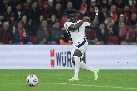 England's Bukayo Saka makes an attempt to score during the World Cup 2026 group K qualifying soccer match between Albania and England, in Tirana, Albania.