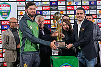 Pakistan Vs Sri Lanka, 3rd ODI: Men In Green Complete Series Whitewash In Rawalpindi | Photo: AP/Anjum Naveed : Pakistan's ODI team's skipper Shaheen Shah Afridi, second left, receives ODI series winning trophy at presentation ceremony on the end of the third one day international cricket match between Pakistan and Sri Lanka, in Rawalpindi, Pakistan.