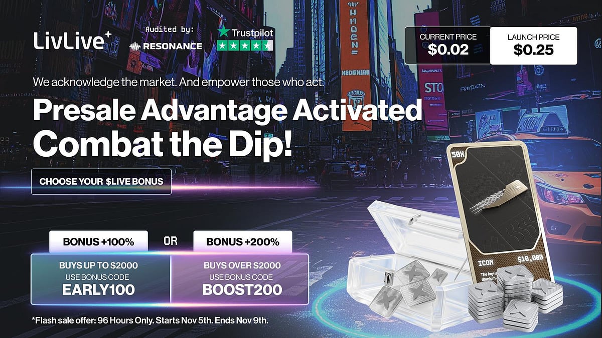 Crypto ad for LivLive presale with bonuses and launch price, featuring the text Combat the Dip