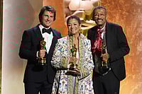 | Photo: AP/Chris Pizzello : Tom Cruise, from left, Debbie Allen, and Wynn Thomas, winners of Academy honorary awards pose onstage during the 16th Governors Awards at The Ray Dolby Ballroom in Los Angeles. 