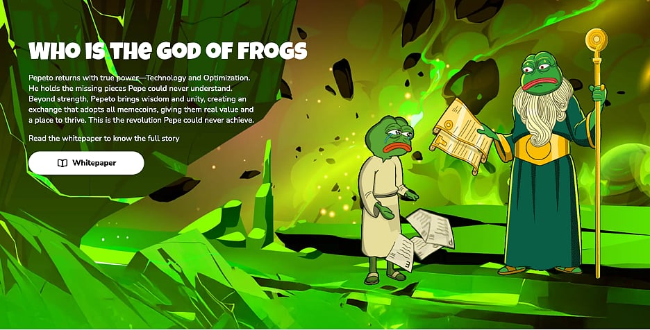 Green and yellow graphic showing two Pepe the Frog characters with the text WHO IS THE GOD OF FROGS