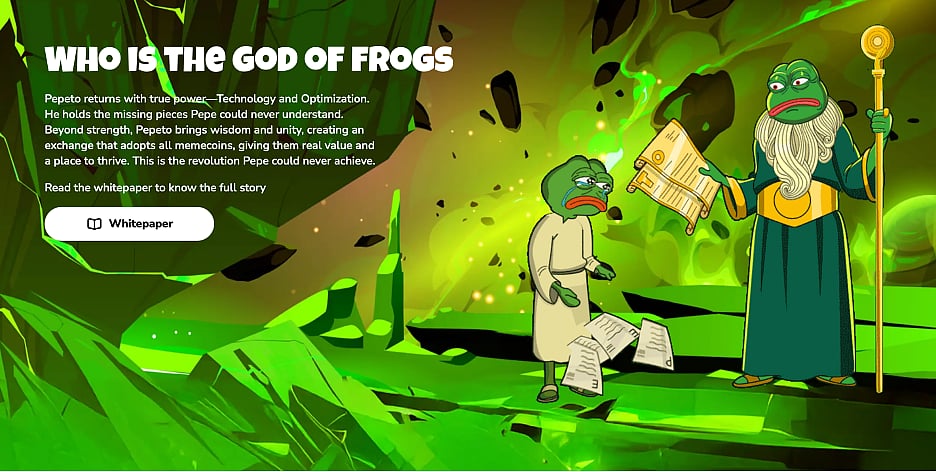 Cartoon frogs in a green cave with text titled Who Is The God of Frogs and a whitepaper button
