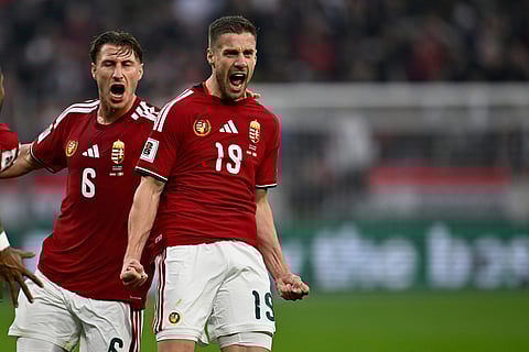 Hungary's Barnabas Varga celebrates after scoring his side's second goal during the World Cup 2026 group F qualifying soccer match between Hungary and Ireland in Budapest, Hungary.