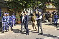 | Photo: PTI : Officials at Patiala House Court as the NIA prepared to produce Amir Rashid Ali, in whose name the car involved in the blast near the Red Fort was registered, in New Delhi.