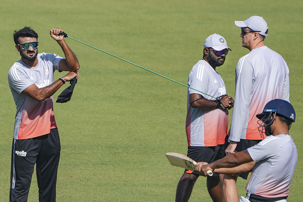India's Akash Deep during a training session ahead of the second Test cricket match between India and South Africa, at Eden Gardens in Kolkata.