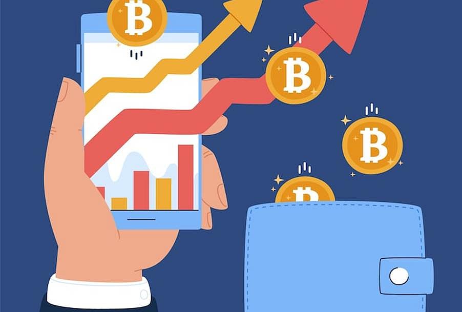 Hand holding phone with Bitcoin graph , wallet with bitcoins