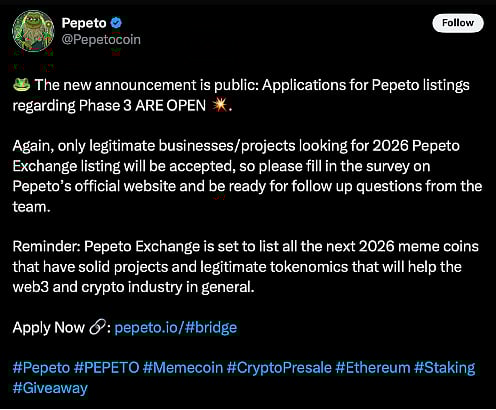 Pepeto Exchange Phase 3 listing announcement post highlighting legitimacy and 2026 projects.