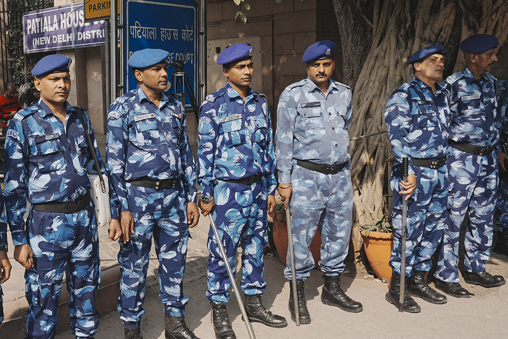 Rapid Action Force (RAF) personnel outside the Patiala House Court that received a bomb threat, in New Delhi. Multiple courts in Delhi, along with two CRPF-run schools, received bomb threats on Tuesday morning. 
