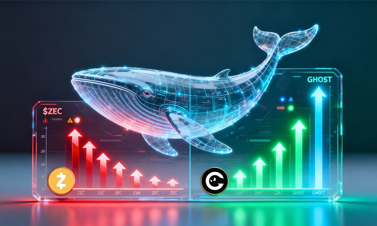 Crypto whale graphic above volatile ZEC and GHOST market charts