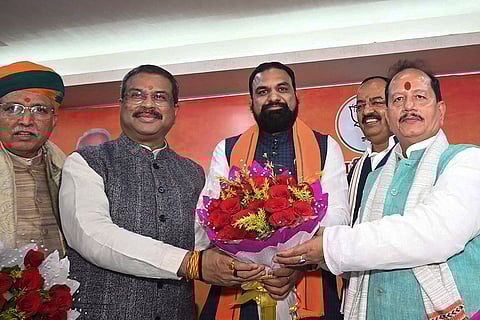 Union Ministers Dharmendra Pradhan, Arjun Ram Meghwal during an event as BJP appoints Samrat Choudhary as leader of legislative party and Vijay Kumar Sinha as deputy leader, in Patna.