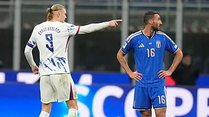 | Photo: AP/Luca Bruno : Norway's Erling Haaland celebrates after scoring his side's second goal during the FIFA World Cup 2026 Group I qualifier match against Italy on Sunday, November 16, 2025.