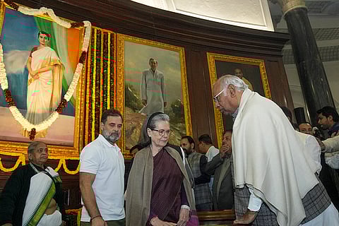 Congress President Mallikarjun Kharge, LoP in the Lok Sabha and party leader Rahul Gandhi, party MP Sonia Gandhi and others at Central Hall of Samvidhan Sadan to pay tribute to former PM Indira Gandhi on her birth anniversary, in New Delhi.
