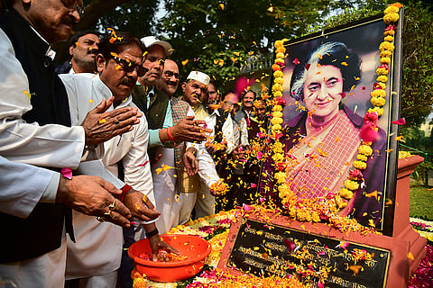 Congress supporters pay tribute to former PM Indira Gandhi on her birth anniversary, at Anand Bhawan in Prayagraj.