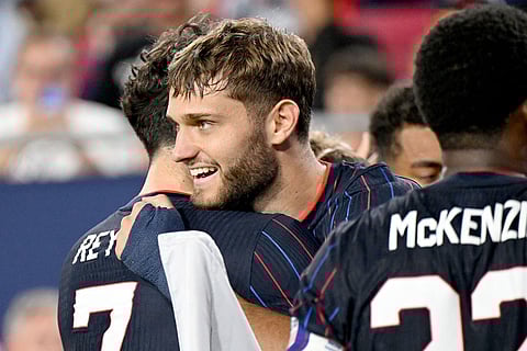 United States' Tanner Tessman celebrates his goal during the second half of an international friendly soccer game against Urugua in Tampa, Fla.