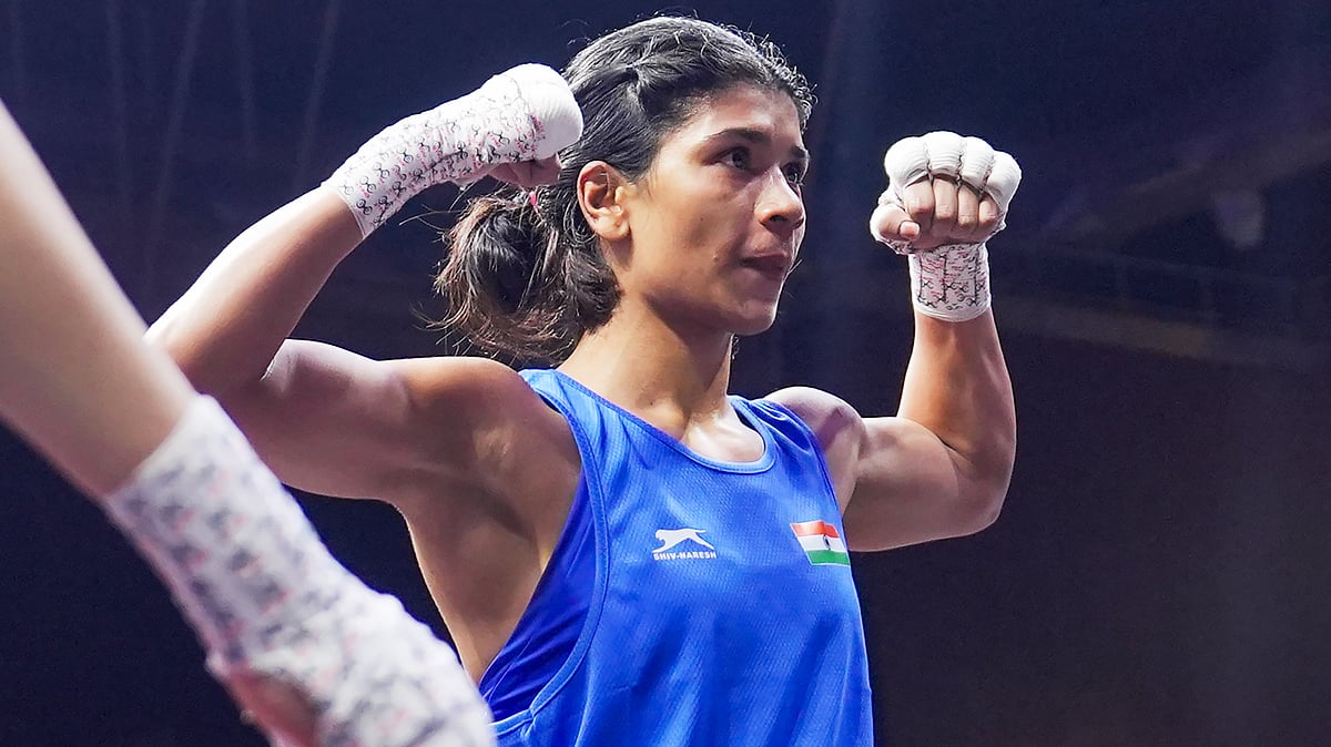 India's Nikhat Zareen after being declared the winner in the women's 51kg semi-final match against Uzbekistan's Ganieva Gulsevar, unseen, at the World Boxing Cup Finals 2025 - PTI