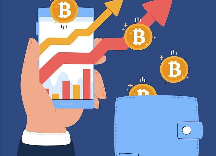 Hand holding a phone with falling crypto chart and Bitcoin coins dropping toward a wallet.