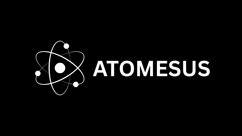 Logo for ATOME$US, showing a white atom symbol next to the company name on a dark background