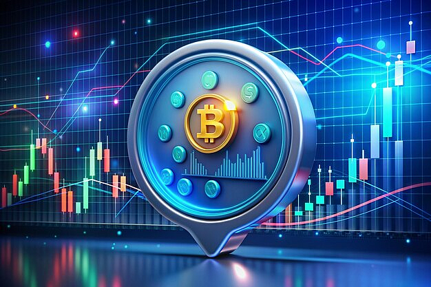 Bitcoin symbol on a blue coin with charts in background