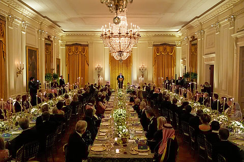 US President Donald Trump speaks during a dinner with Saudi Arabia's Crown Prince Mohammed bin Salman in the East Room of the White House in Washington. 