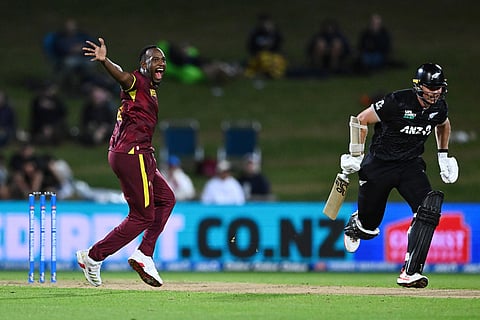 West Indies' Matthew Forde, left, appeals for an LBW against New Zealand's Michael Bracewell during their One Day International cricket match in Napier, New Zealand.