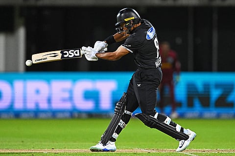 New Zealand's Rachin Ravindra bats against the West Indies during their One Day International cricket match in Napier, New Zealand.