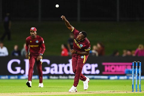 West Indies's Matthew Forde bowls against New Zealand during their One Day International cricket match in Napier, New Zealand.