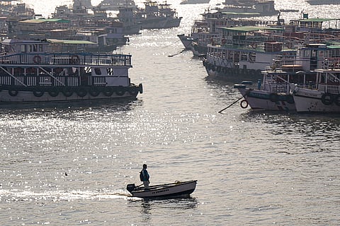 Boats anchored near the Gateway of India, in Mumbai. 